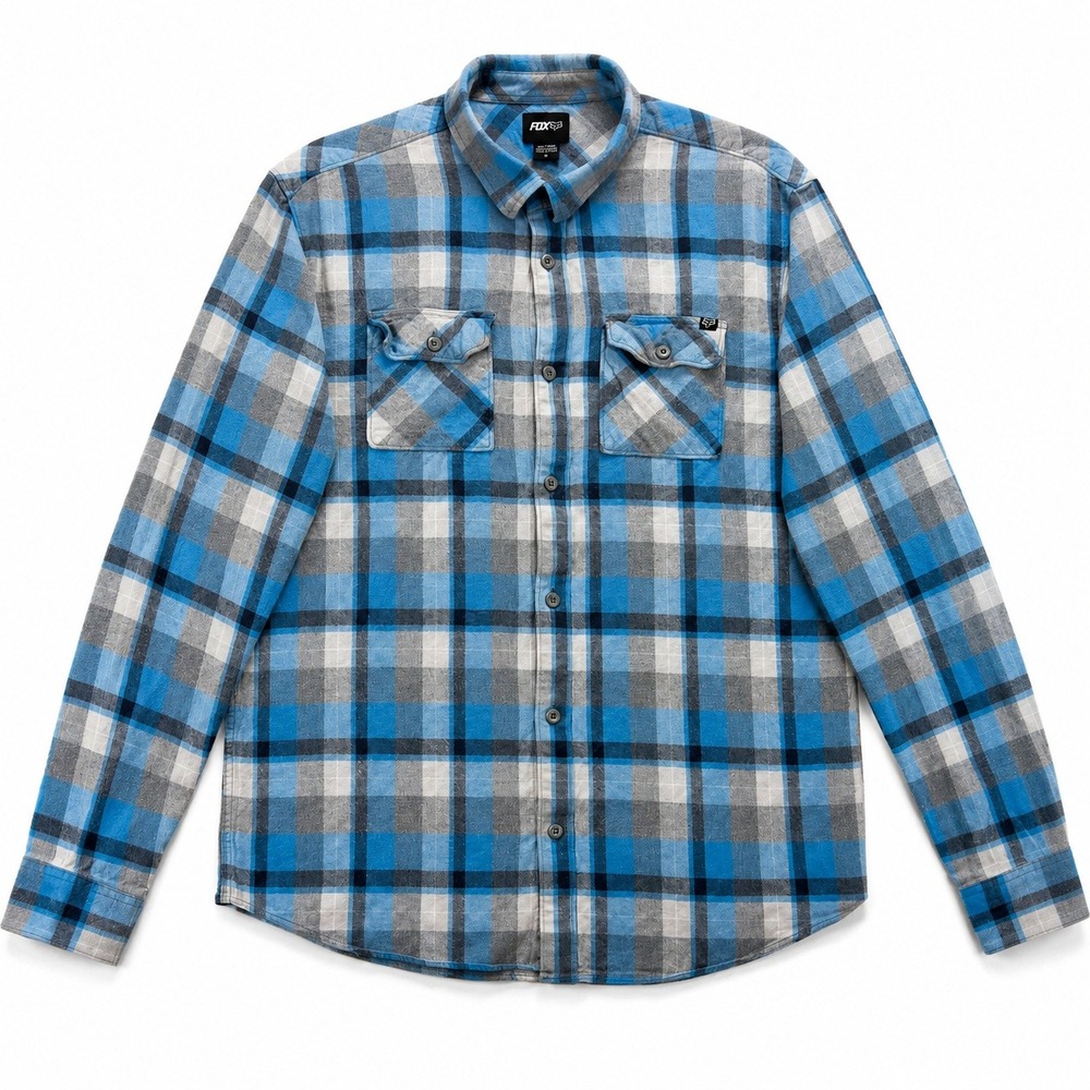 Fox Racing Plaid Flannel Shirt Blue Gray Cotton Button Up Men's Large